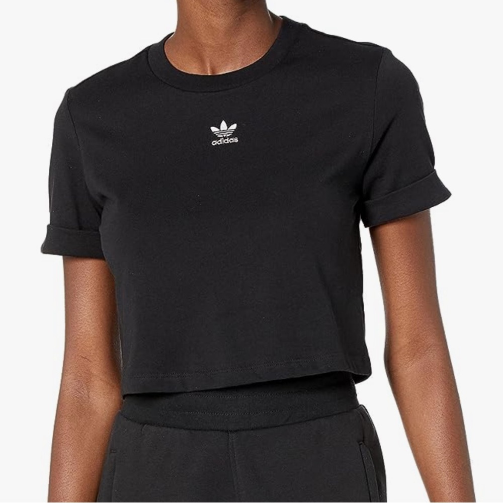 Adidas Crop Top Black Logo White Short Sleeve Casual shirt tee Athletic XL